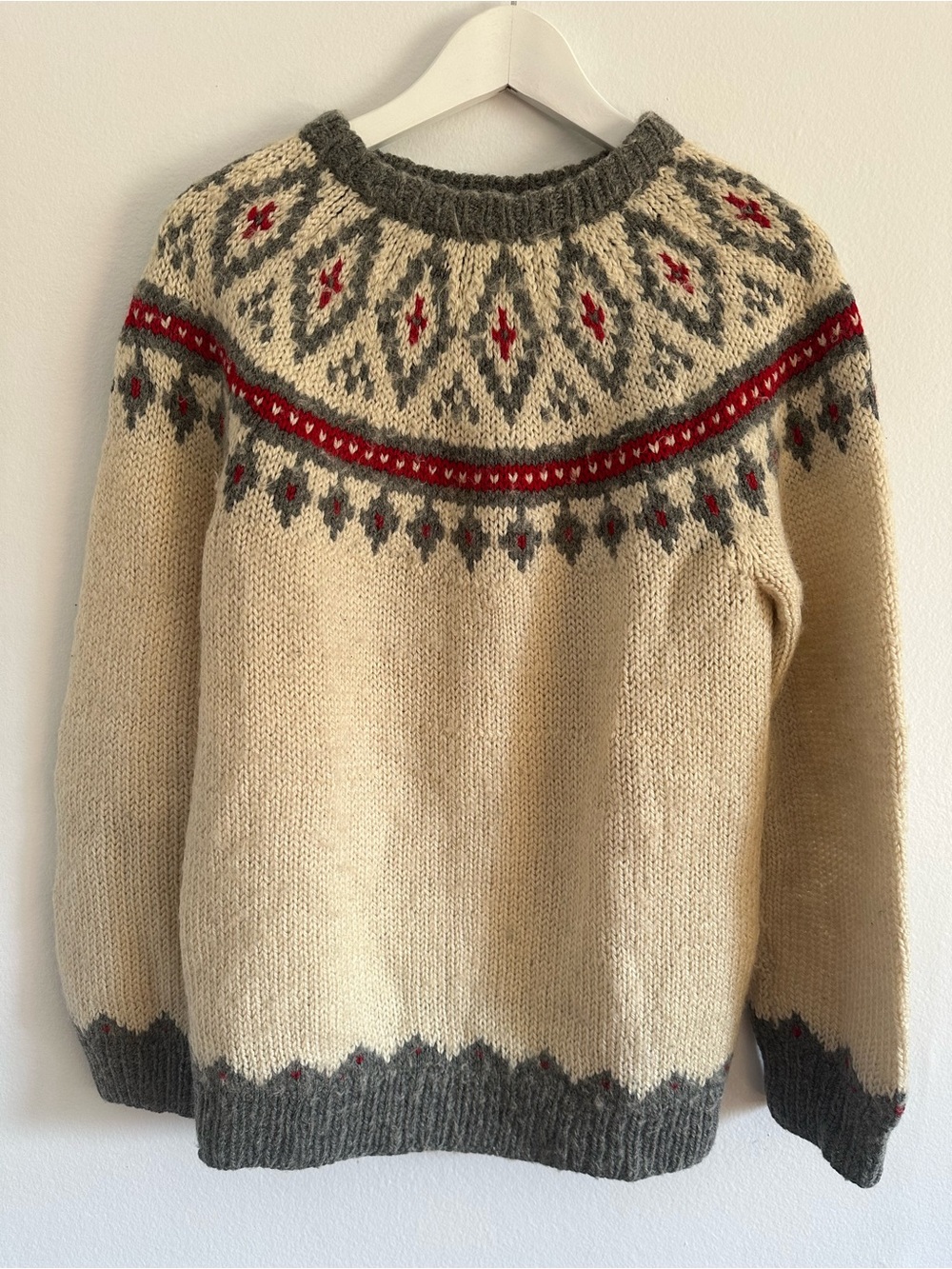 Handmade Wool Fair Isle Nordic Sweater – Cream, Grey & Red